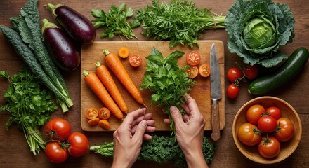 Artistic Flat Lay of Fresh Organic Vegetables and Herbs on a Rustic Wooden Board for Sustainable Cooking