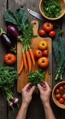 Artistic Flat Lay of Fresh Organic Vegetables and Herbs on a Rustic Wooden Board for Sustainable Cooking