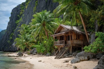 Obraz premium Beach Shack in Tropical Paradise: Palawan, Philippines Vacation House on Exotic Island Landscape