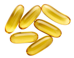  Group of Omega-3 Capsules Arranged in Diagonal Flow, Glossy Texture, Transparent Background