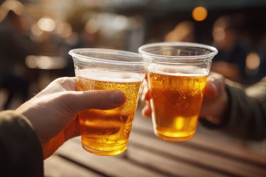 Beer In Plastic Cup. Friends Clinking Beer Glasses Outdoors, Bachelor Party Celebration