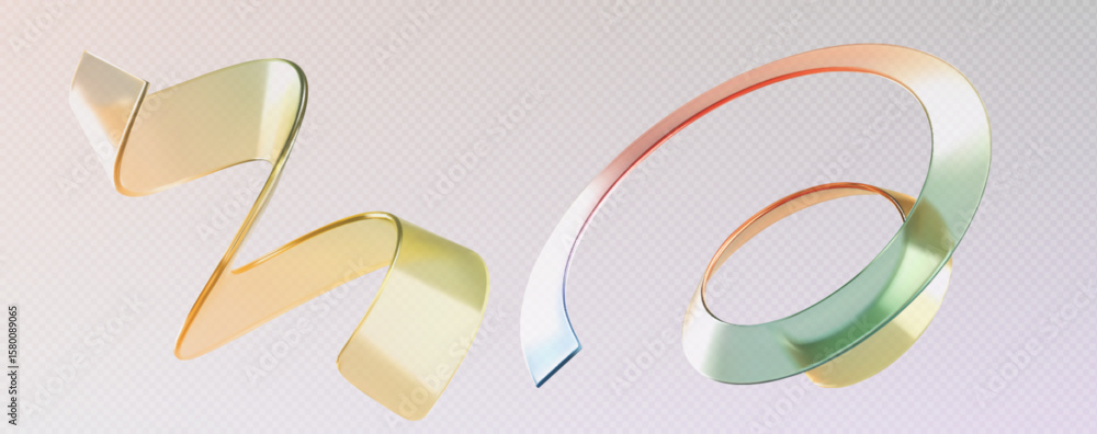 Poster glass spiral shapes with rainbow gradient effect - twisted transparent ribbon and curved holographic
