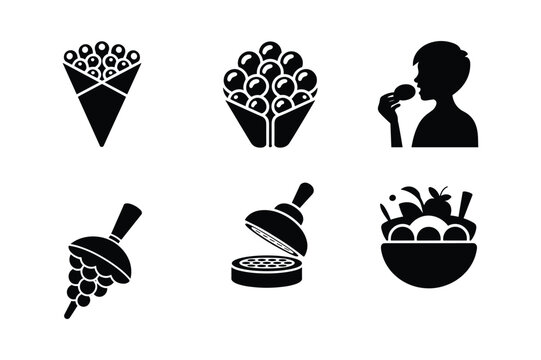 Bubble waffle cone fruit bowl person eating grapes waffle maker vector