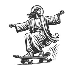 Jesus Christ holy man confidently skateboarding, religious symbolism with modern urban culture sketch engraving generative ai fictional character raster illustration. Scratch board. Black and white.