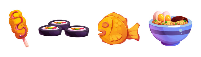 Korean food cartoon collection - golden corndog with sauce, black kimbap rolls filled with vegetables, orange taiyaki fish pastry and bowl of ramen noodles with egg for cute restaurant menu icons.