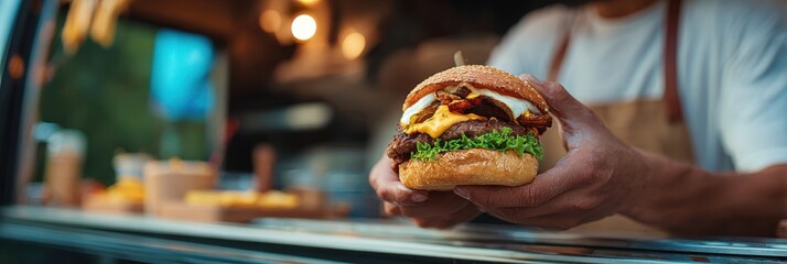 Burger Food Truck. Chef Serving Delicious Burgers at Eatery Truck during Summer Vacation