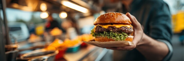 Burger Food Truck. Closeup of Chef Preparing Delicious Burgers at Summer Eatery