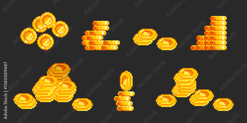 Poster pixel art gold coin stacks in retro 8 bit style - shiny yellow treasure piles with various heights o