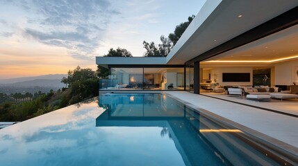 Fototapeta premium Luxury residence with infinity pool reflecting golden hour hues