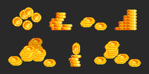 Pixel art gold coin stacks in retro 8 bit style - shiny yellow treasure piles with various heights on dark background for arcade game currency, video game loot or digital reward system graphics.