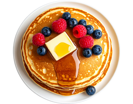  Stack of Golden Pancakes with Butter Pat and Maple Syrup Drizzle, Front View, Transparent PNG