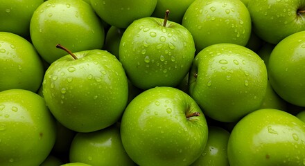 Fresh, juicy green apples on a market stall offer a healthy and delicious, natural food background