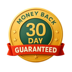 Gold and green 30 day money back guaranteed emblem with red ribbon isolated on transparent background