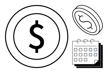 Dollar coin, tilted coin, and calendar signifying wealth management, budget, and financial scheduling. Ideal for saving, income, banking, economy business planning payment timeline simple flat