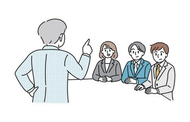 会議で説明を受ける若手ビジネスチームのイラスト
