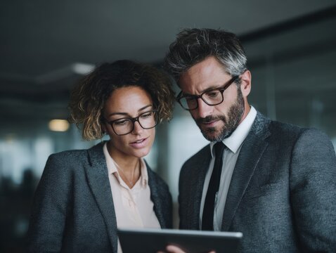 Business colleagues discussing over digital tablet in office meeting 