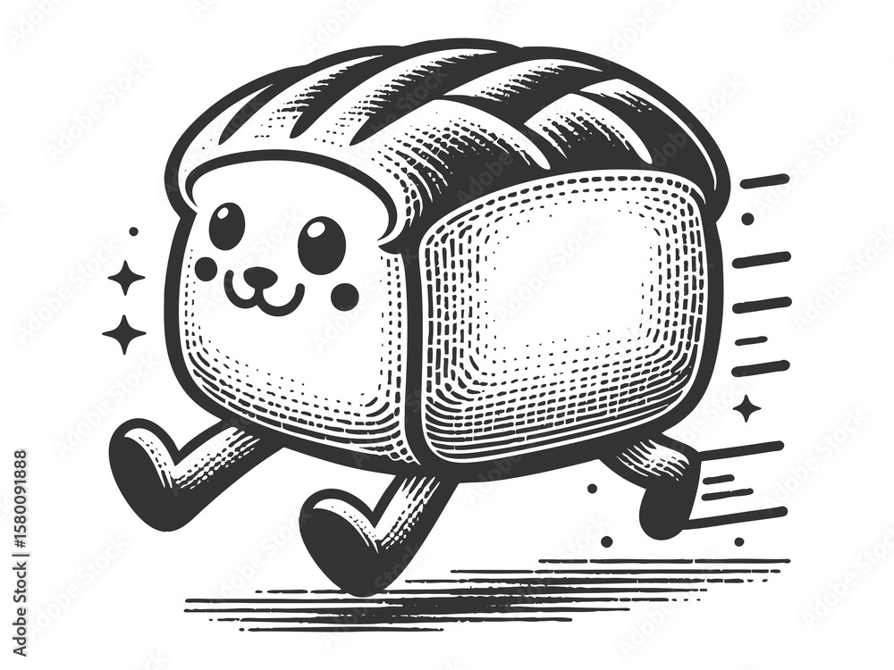 Poster smiling cartoon bread loaf with arms and legs, running with sparkles and a cheerful expression sketc