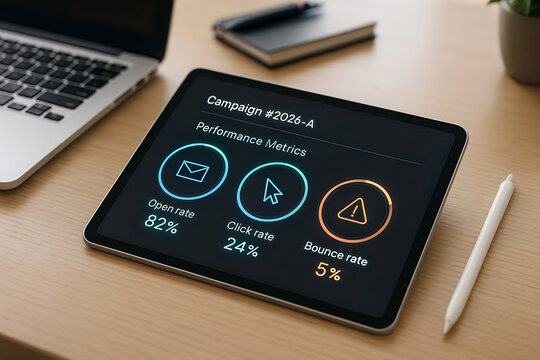 Analyzing email marketing campaign metrics on a tablet displaying open rate click rate and bounce rate performance data on a wooden desk workspace