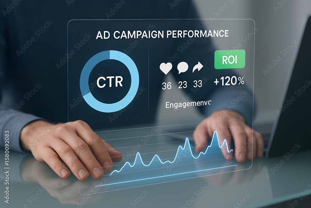 Poster business person analyzing digital advertising campaign performance data on transparent screen displa