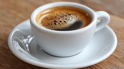 Fototapeta premium Freshly brewed espresso with rich crema in white ceramic cup on table, showcasing minimalist coffee concept and inviting aroma perfect for café, morning, and lifestyle visuals.