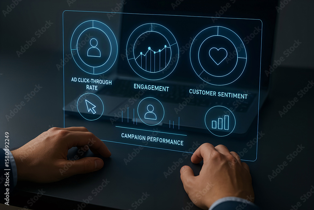Poster business professional analyzing campaign performance data visualized on a digital interface assessin