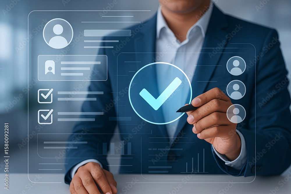 Poster business professional interacting with a digital interface signifying successful approval or verific