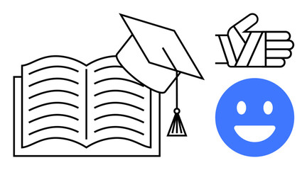 Open book with lines, graduation cap, blue smiling face, and bandaged thumbs-up hand. Ideal for education, success, reading, achievement, motivation positivity and simple landing page