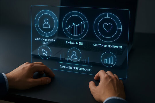 Business professional analyzing campaign performance data visualized on a digital interface assessing key metrics