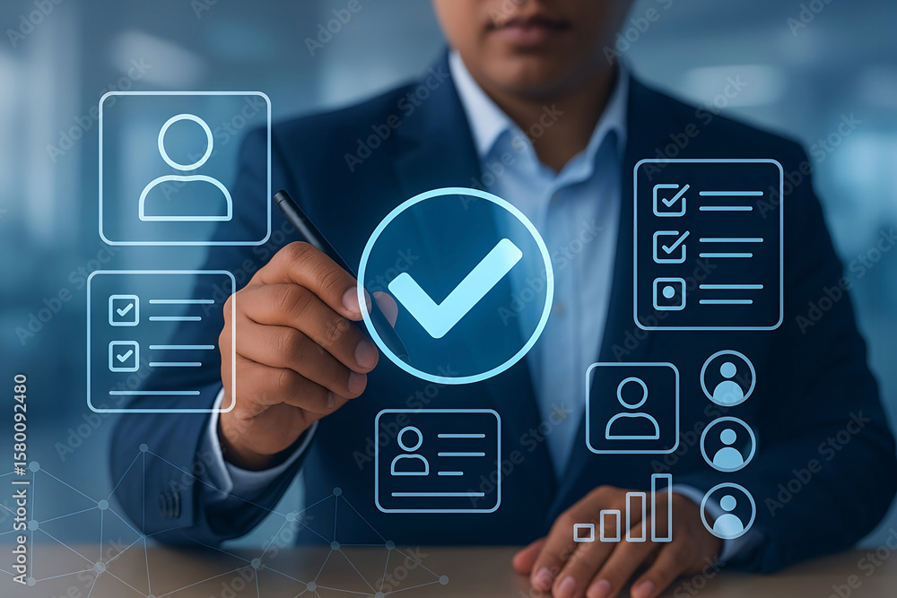 Poster business professional selecting a checkmark icon symbolizing approval of processes and successful pr