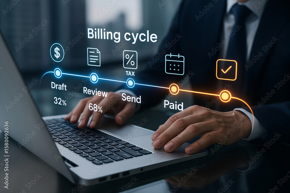 Poster business professional working on billing cycle concept using a laptop computer showcasing the paymen