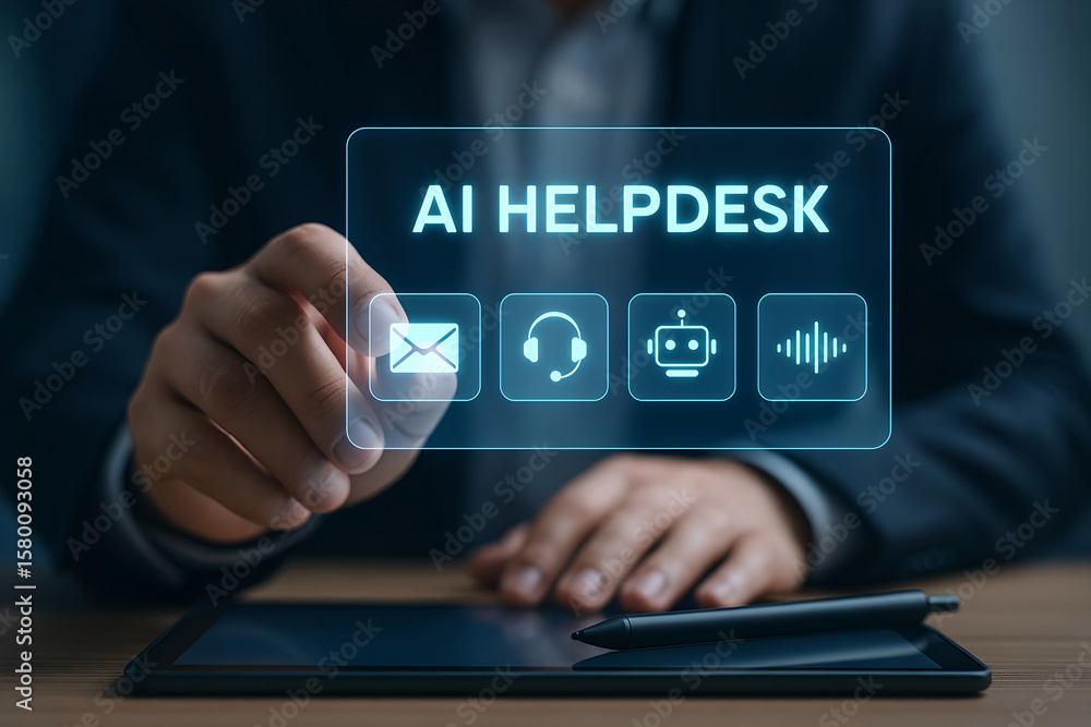 Poster businessman interacting with an ai helpdesk interface showcasing various communication options and s