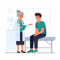 A female doctor consults with a male patient in a medical office.