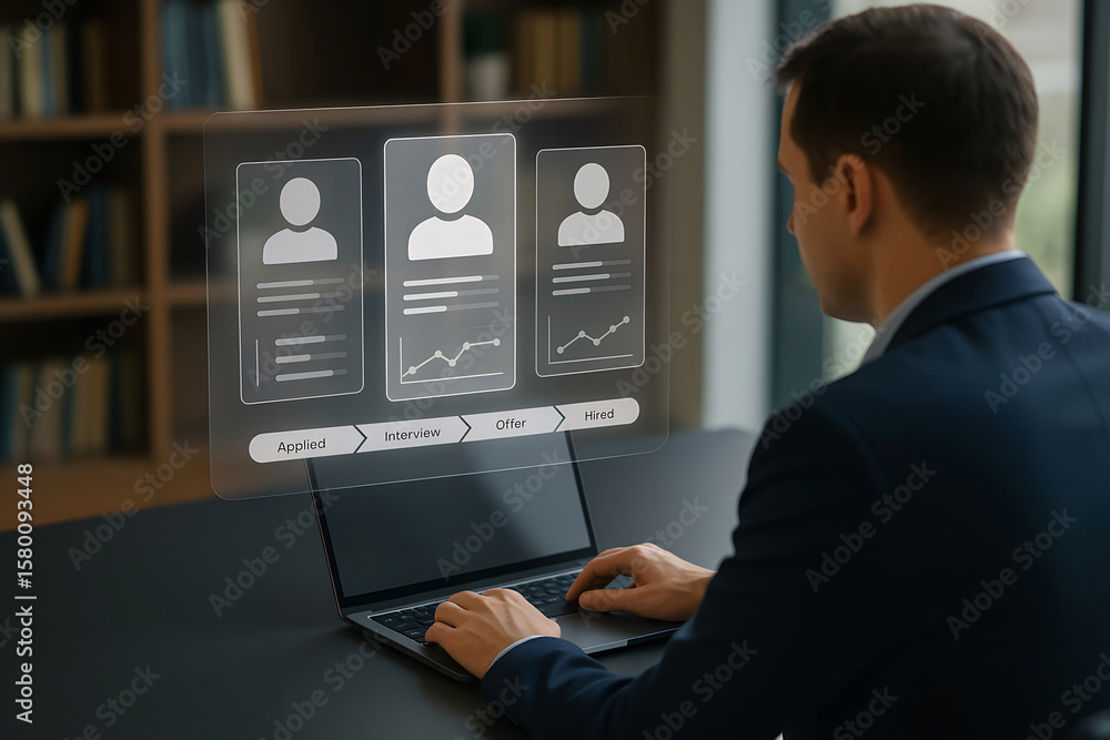 Poster businessman reviewing applications and managing the hiring process using a futuristic interface on h