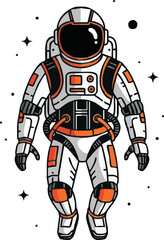 An astronaut floats in space, wearing a detailed white and orange spacesuit, surrounded by stars.