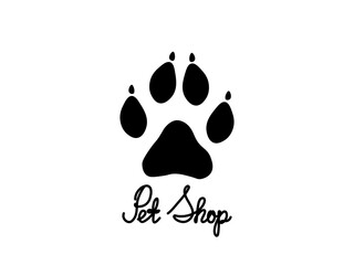 Black and white logo for an animal store, pet shop, Shadow paw print. One line handwritten font, continuous single sketch