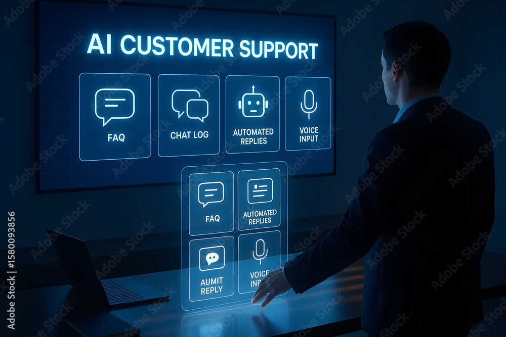 Poster businessperson interacting with ai customer support interface representing modern technology and eff