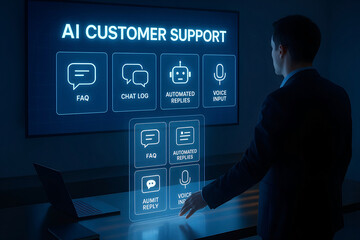 Businessperson interacting with ai customer support interface representing modern technology and efficient client services