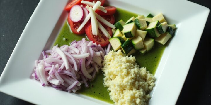 Fresh vegetable salad with radish, onion, and zucchini on plate