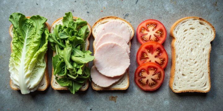 Sandwich ingredients including lettuce, turkey slices, and tomato  