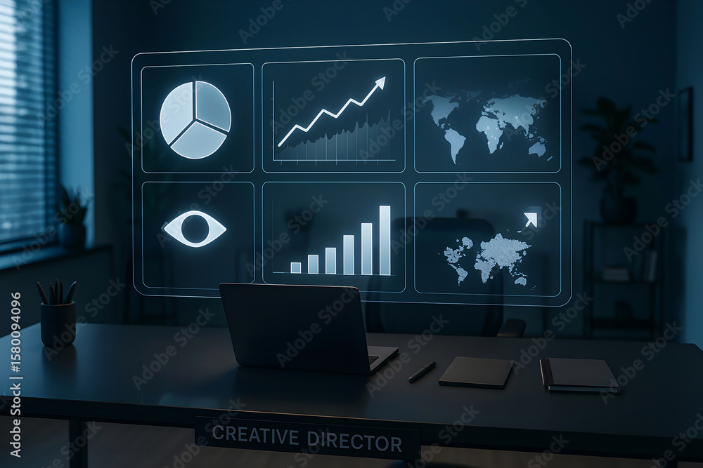 Poster creative director's office depicting futuristic data visualization and analytics on a transparent di