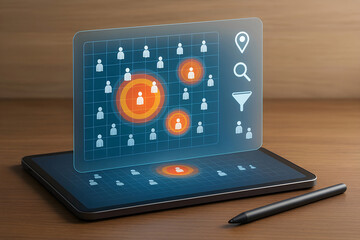 Customer targeting and analytics concept displayed on a tablet illustrating audience data analysis and market focus