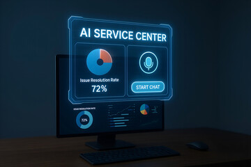 Digital display of an ai service center showing issue resolution rates and chat functionalities represented on a desktop computer screen providing technical assistance