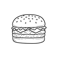 Hand-Drawn Vector Illustration of a Cute Burger with Crispy Patty and Sesame Seed Bun