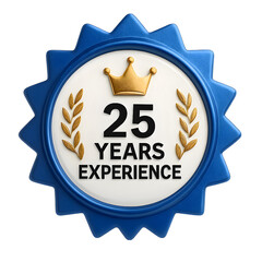 Blue starburst award badge celebrating twenty five years of experience with golden crown isolated on transparent background