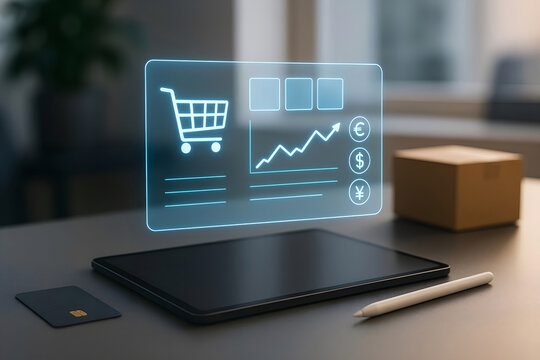 Digital commerce and online shopping with futuristic hologram interface illustrating financial growth and transactions