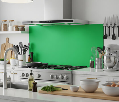 Vlogging Kitchen Setup With Green Screen Over Backsplash Utensils Visible