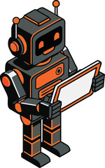 A stylized, isometric robot holding a tablet, showcasing futuristic design.