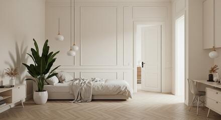 Serene Bedroom Interior with Minimalist Design and Natural Light Accents Displayed