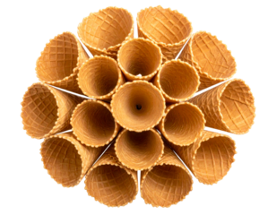Stack of Empty Waffle Cones in Spiral Formation, Top View, isolated on transparent background