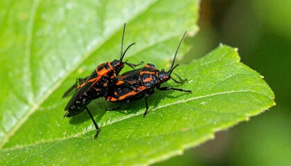 Mating Milkweed Bugs on a Leaf